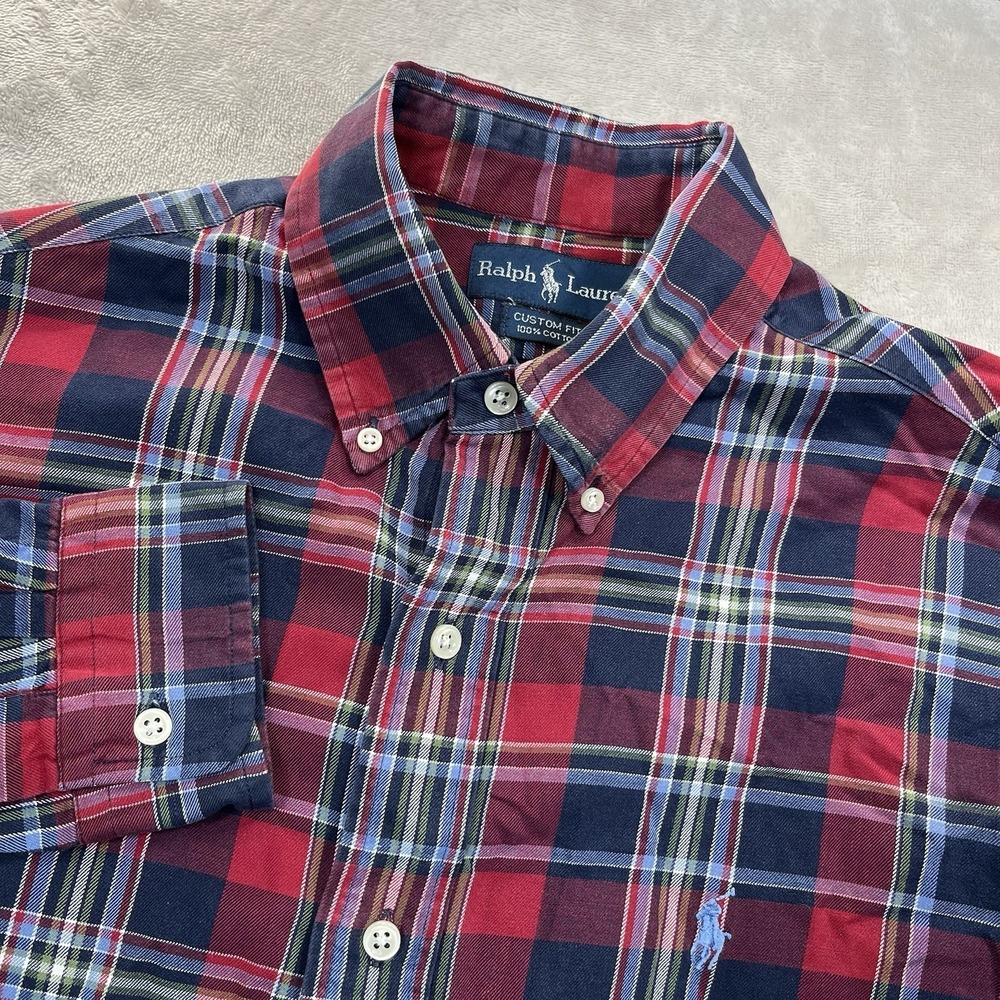 Ralph Lauren Custom Fit‎ Plaid Button Down Shirt Mens M Red Blue Cotton